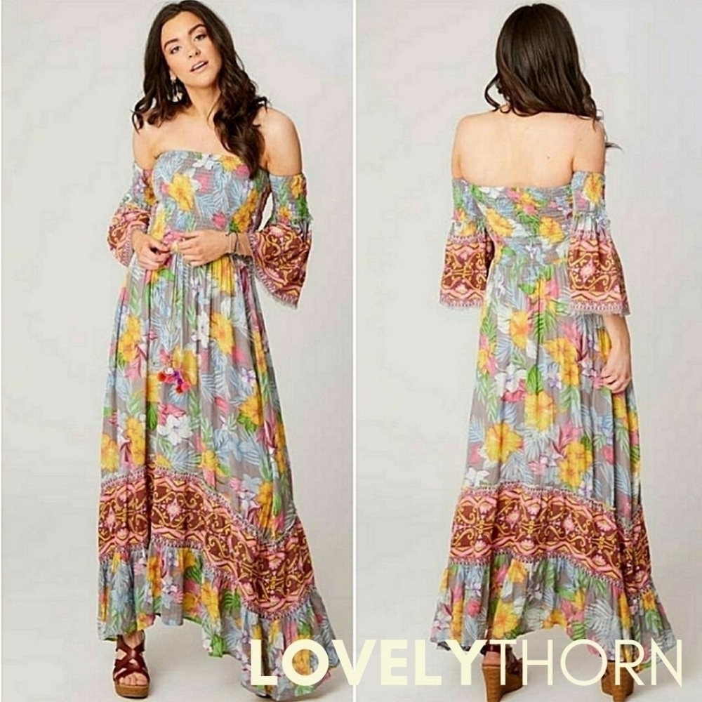 ALTAR'D STATE // flowy boho-chic floral off shoulder smocked maxi dress - Picture 5 of 16